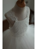 Ivory Lace Tulle Cross Back Tiered Flower Girl Dress
